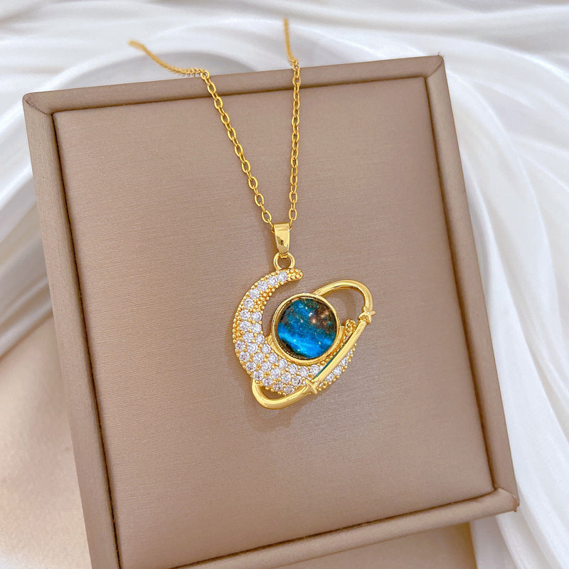 Sweet Elegant Moon Geometric Rhinestone Titanium Steel Necklace for Unisex