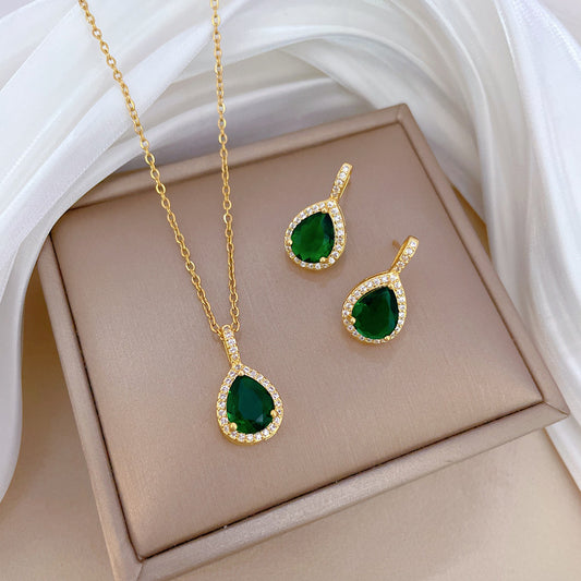 Luxury Titanium Steel Geometric Drop Necklace and Earrings Set with Rhinestone Inlay