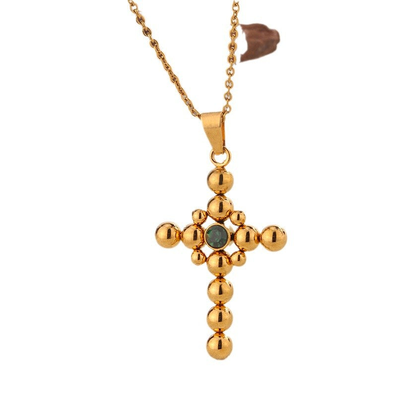 Collana Vintage Placcata Oro a Croce in Acciaio al Titanio con Ciondolo Zirconia Cubica e Catena a Cavo