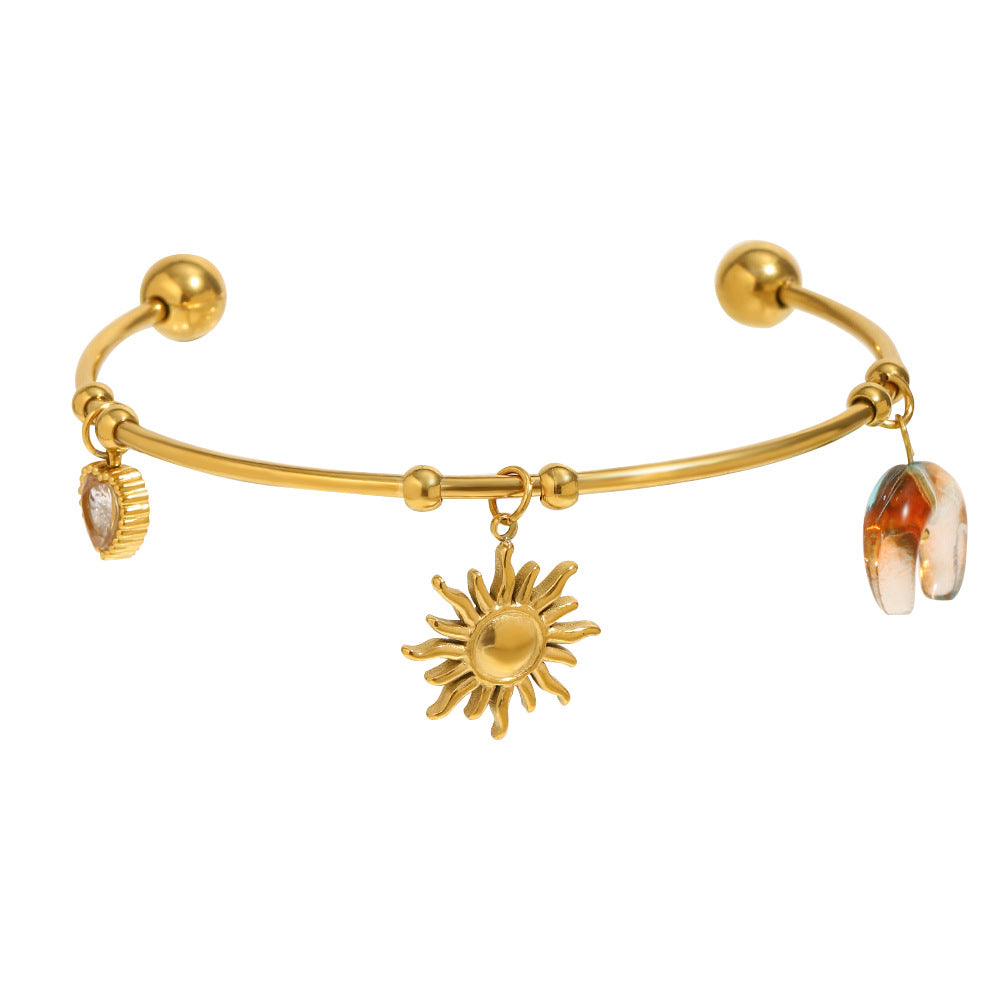 Pulsera de mujer con diseño geométrico de acero inoxidable chapado en oro de 18 quilates con cuentas de sol y luna y forma de C, a la moda