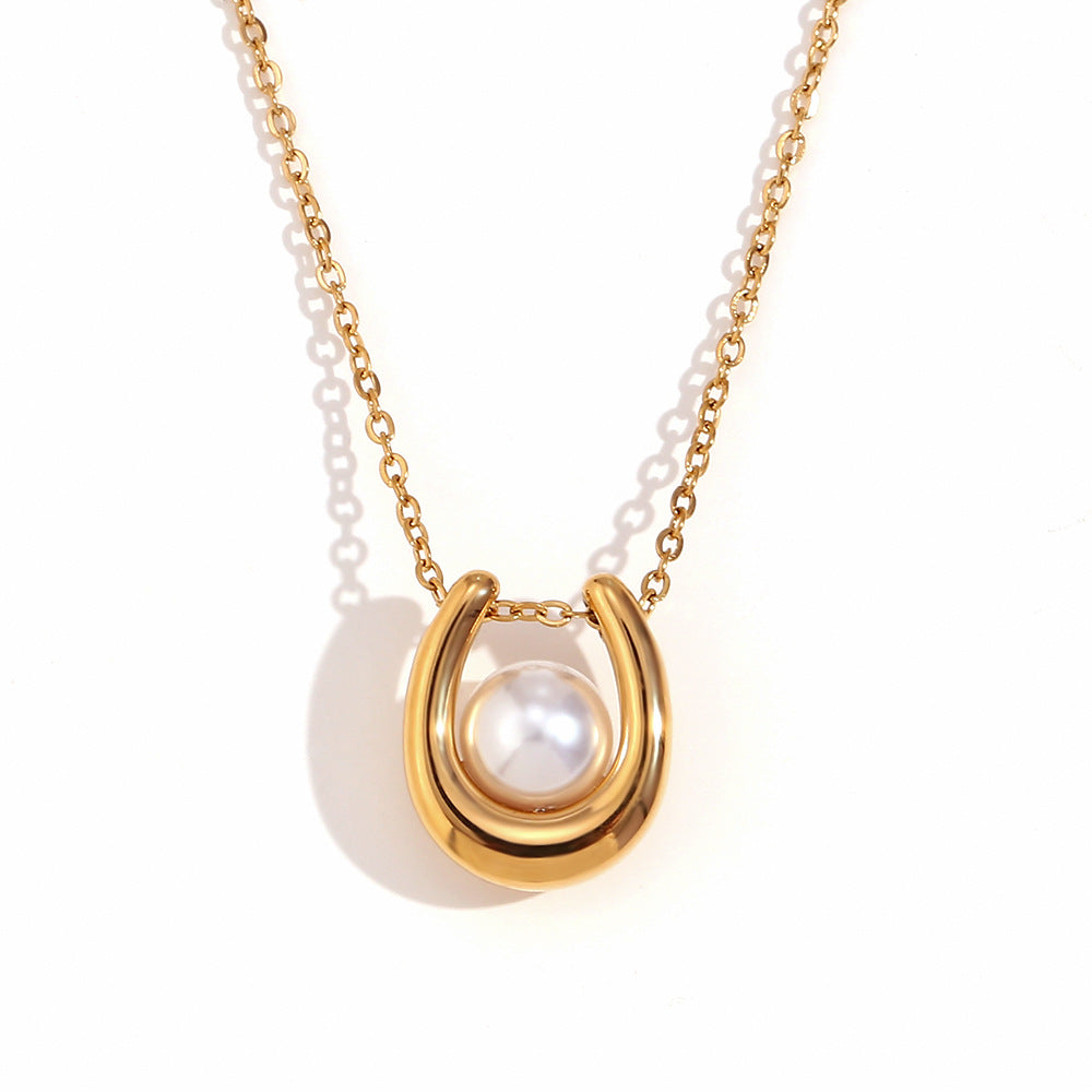 Fashionable Geometric U-Shaped Pendant Necklace for Women in Stainless Steel with 18K Gold Plating