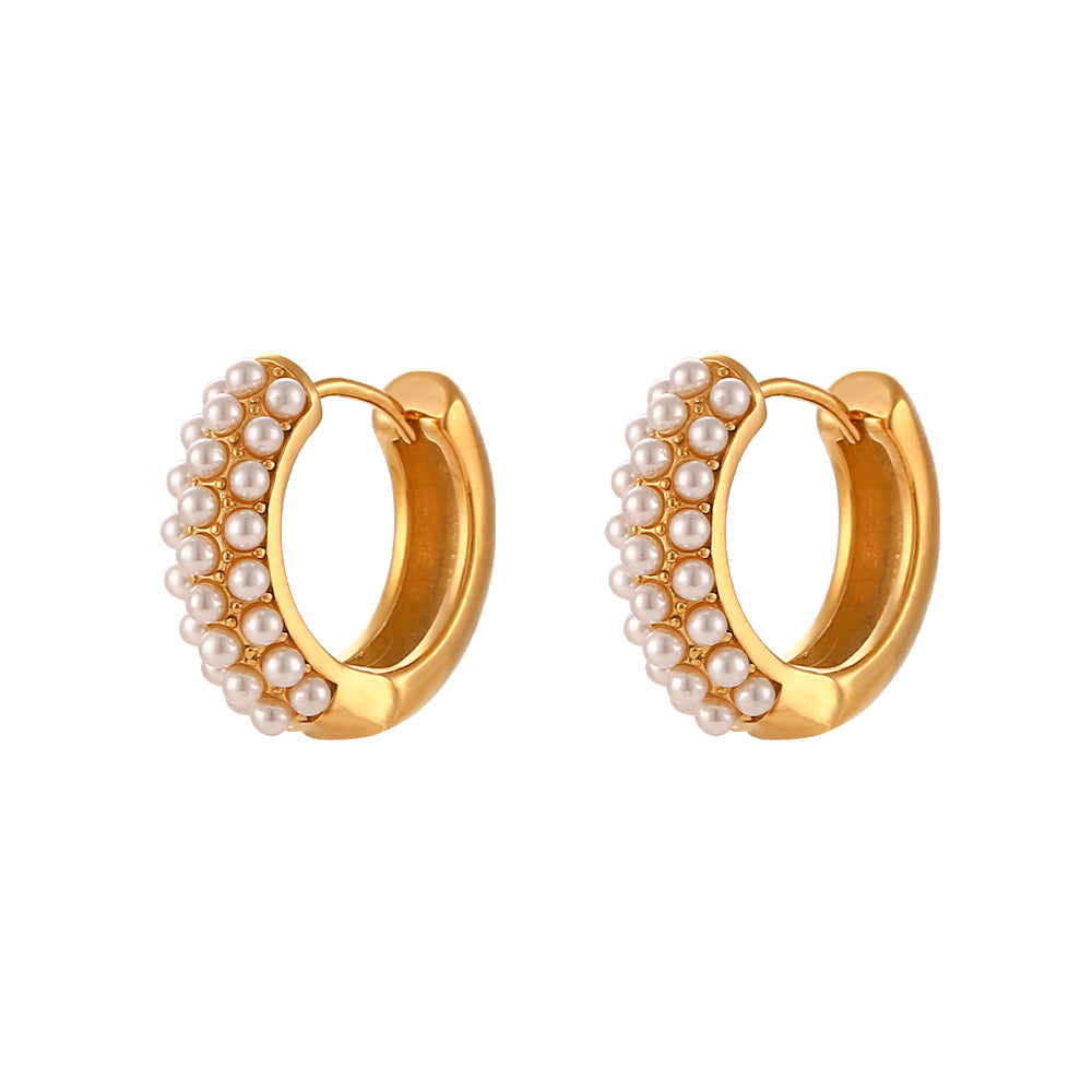 Pendientes de aro redondos geométricos con perlas, de lujo minimalista, de acero inoxidable chapado en oro de 18 quilates para mujer