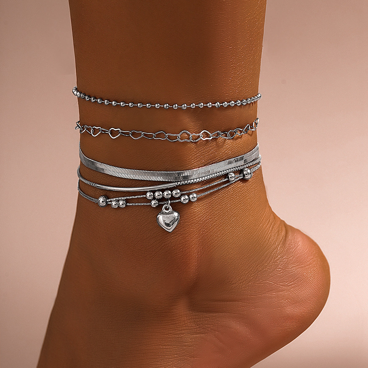 Punk Hip-hop Heart Brass Alloy Snake Chain Anklet Set for Women