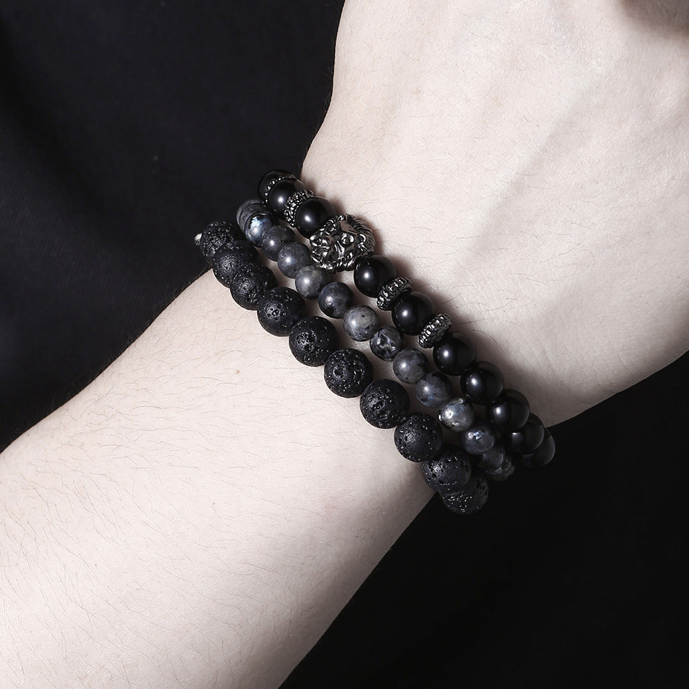 Casual Matte Geometric Round Volcanic Stone and Alloy Beaded Bracelet Set with Lion Head Charm