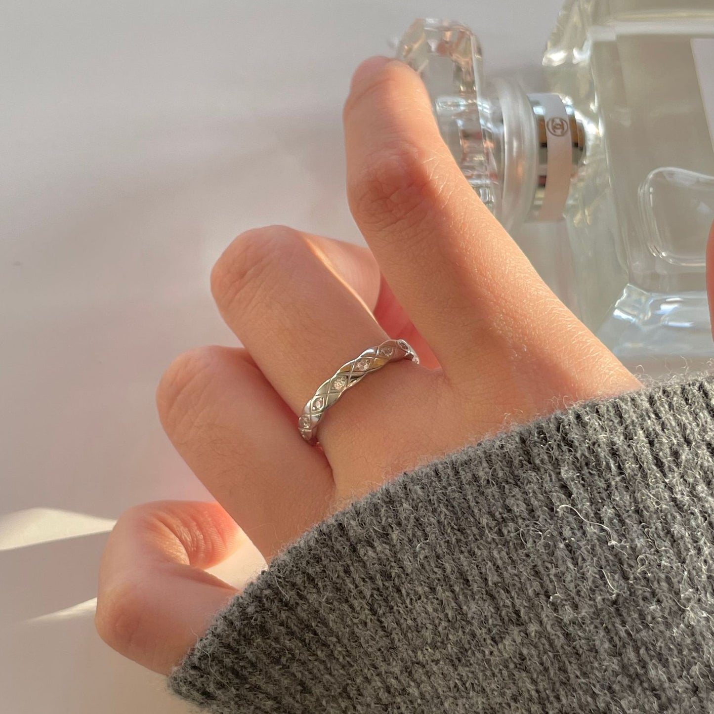 Minimalist Geometric S925 Sterling Silver Ring for Women with Pavé Zirconia