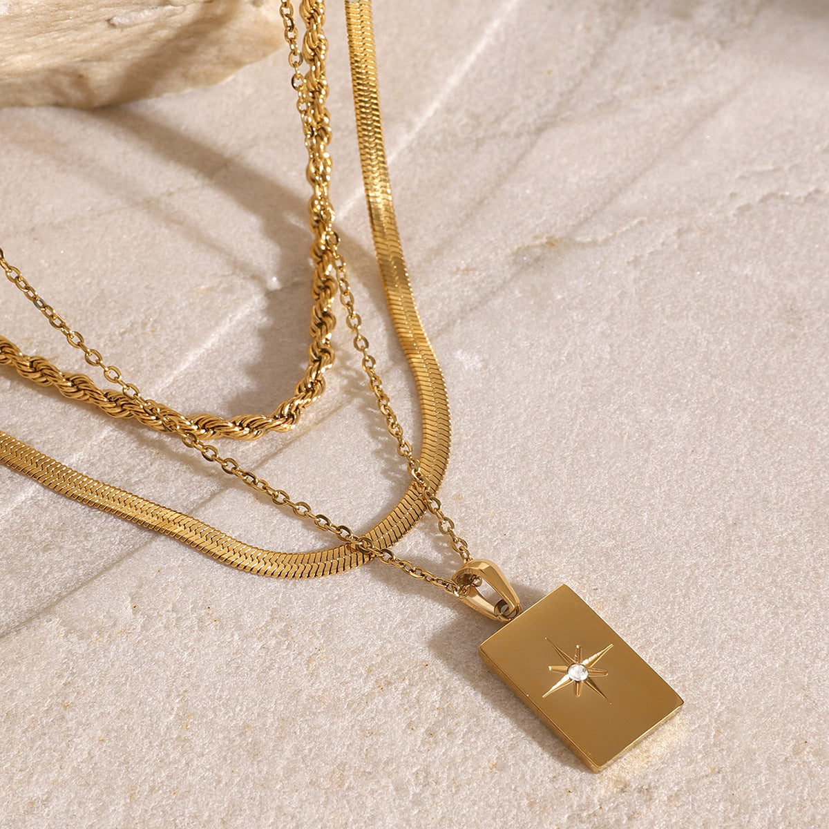 Minimalist Geometric Square Star Pendant Necklace in Stainless Steel with Plated Finish for Women