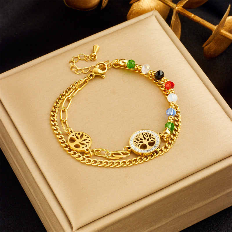 Fashionable Vintage-Style Irregular Round Tree of Life Double-Layer Bracelet in Stainless Steel with Plated Finish