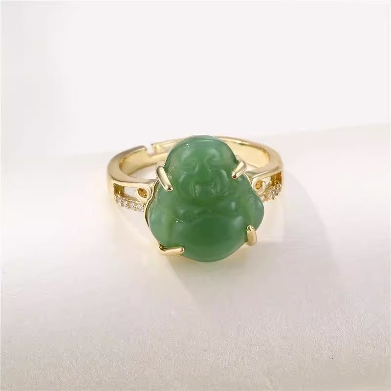 Anello Buddha di Design Originale in Rame Placcato Oro 18K con Intarsio in Giada, Fascia Aperta Regolabile per Donna