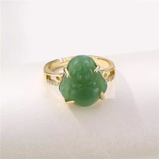 Anello Buddha di Design Originale in Rame Placcato Oro 18K con Intarsio in Giada, Fascia Aperta Regolabile per Donna