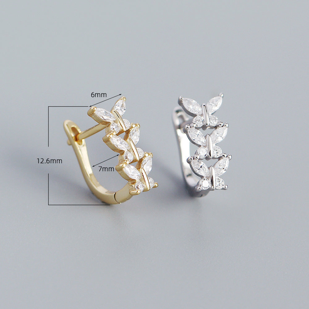 Sweet Minimalist Butterfly-Shaped S925 Sterling Silver Stud Earrings with Rhinestone Inlay for Women