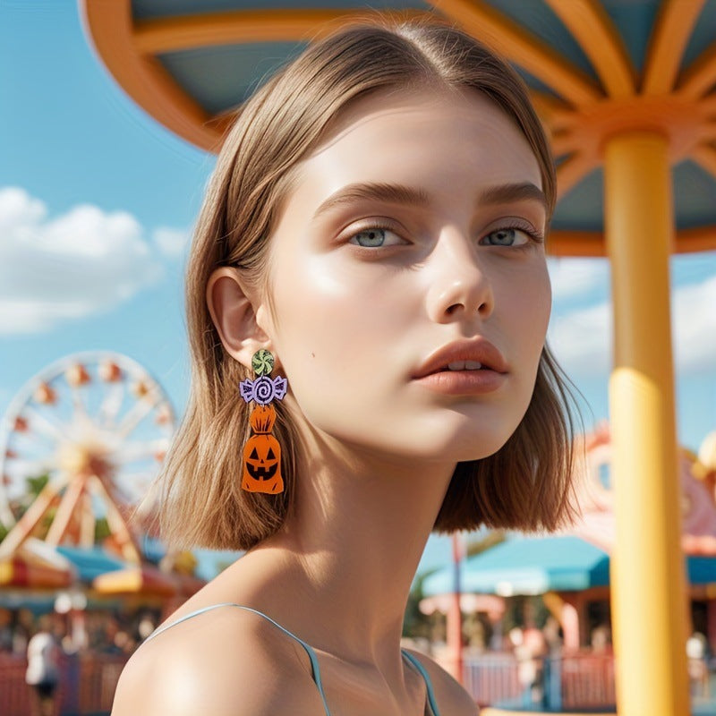 Pendientes con forma de calavera acrílica, dinosaurio y calabaza de Halloween, para mujer, con diseño geométrico y de muñeca
