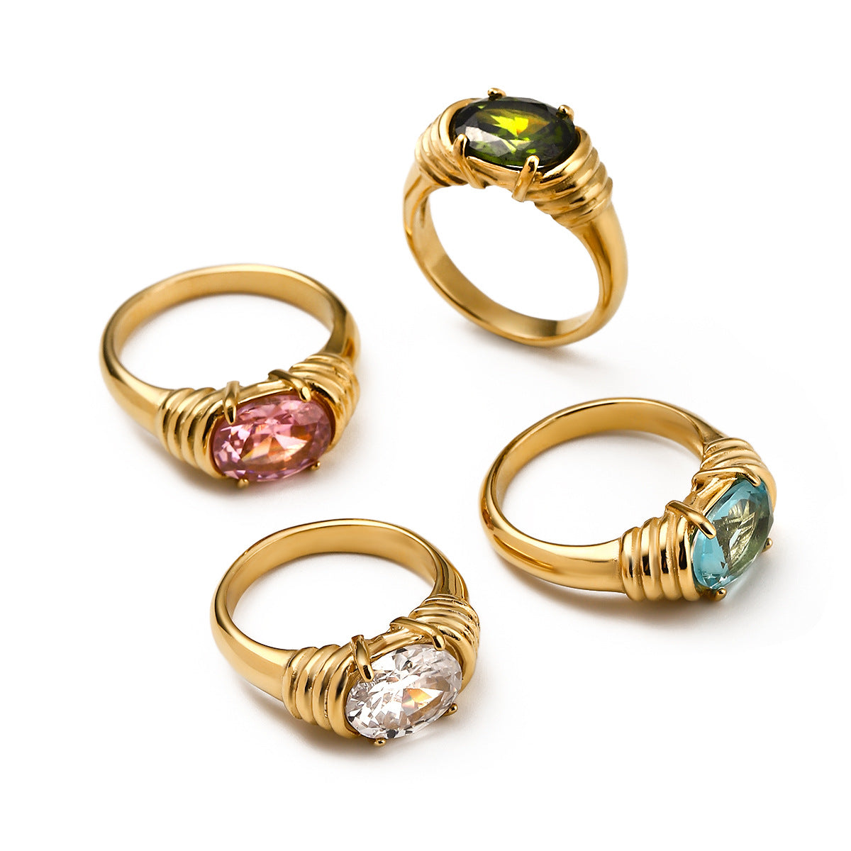 Trendy 18K Gold Plated Stainless Steel Ring with White Rhinestones and Threaded Design for Women