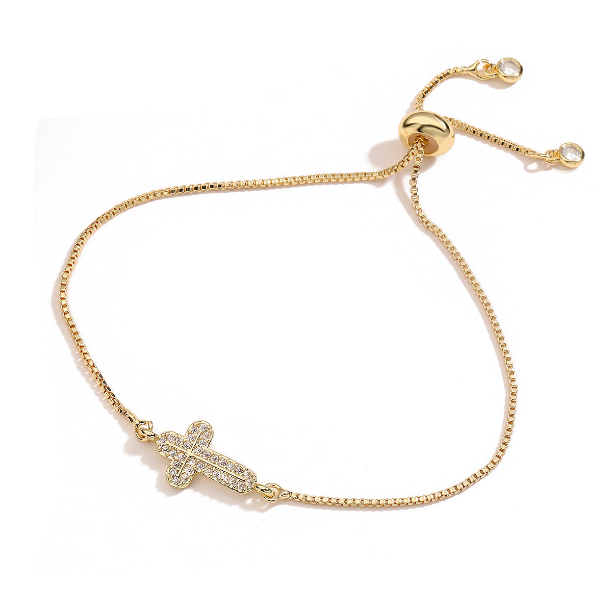Vintage 18K Gold Plated Brass Cubic Zirconia Inlay Cross Bracelet for Women