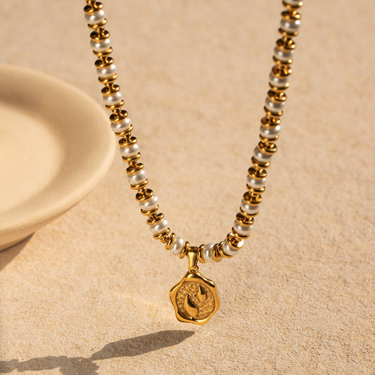 Collar Pendiente Geométrico Moderno con Incrustación de Perla Chapado en Oro de 18K Cadena de Serpiente de Acero Inoxidable para Mujer