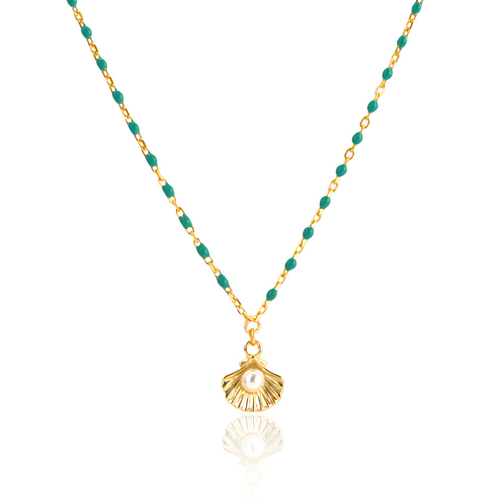 Minimalist Geometric S925 Sterling Silver Electroplated Clavicle Necklace with Resin-Coated Shell and Pearl Pendant for Women