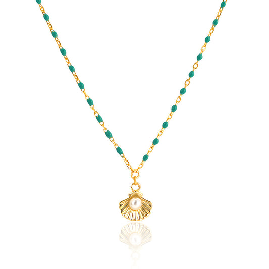 Collar Minimalista Geométrico de Plata de Ley 925 Galvanizada con Concha Recubierta de Resina y Colgante de Perla para Mujer