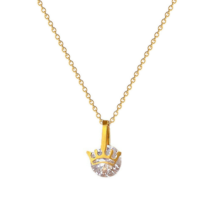 Collana da Donna Minimalista con Pendente a Corona in Acciaio al Titanio e Strass, Catena alla Clavicole alla Moda