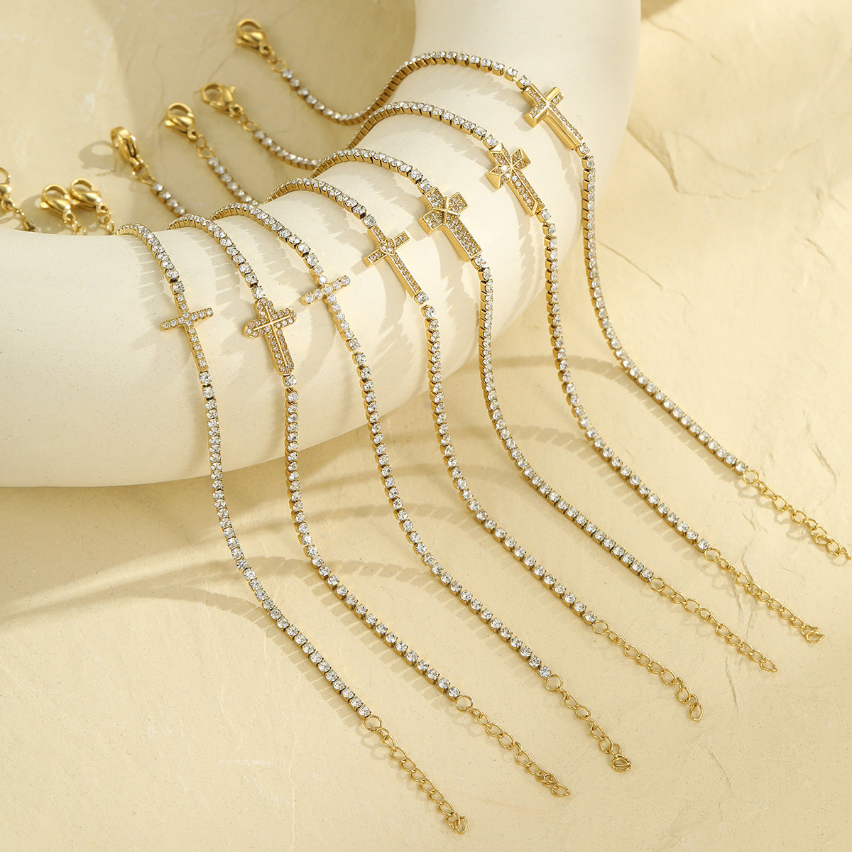 Fashionable Geometric Cross Bracelet in Stainless Steel with Rhinestone Inlay and Gold Plating for Women