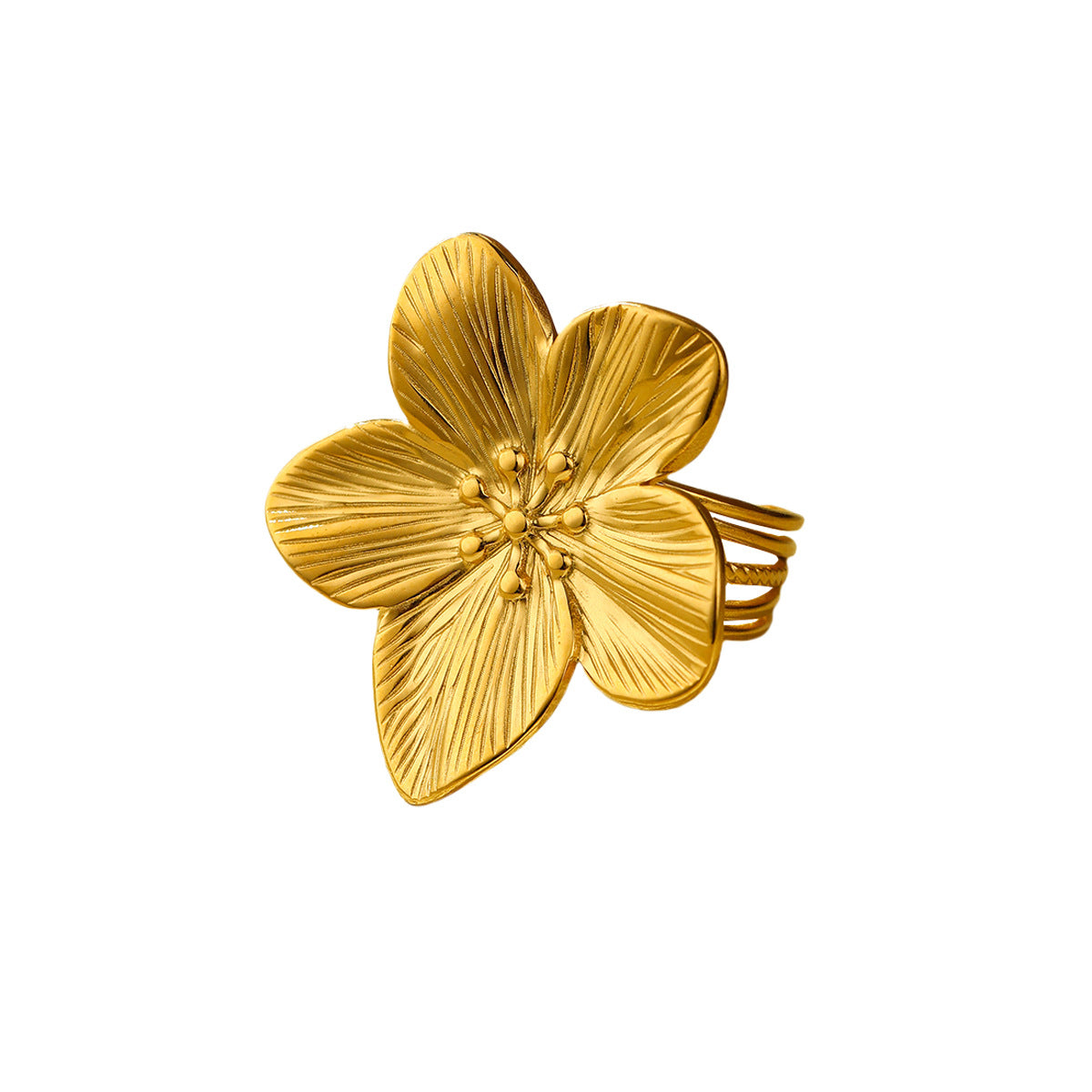 Anello da donna regolabile aperto in acciaio inossidabile placcato oro 18 carati con motivo floreale vintage alla francese