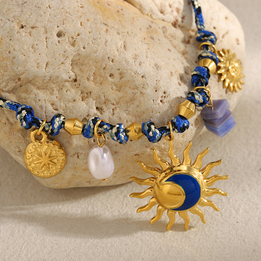 Luxury Geometric Stainless Steel Plated 18K Gold Sun Pendant Necklace with Enamel Detail for Women