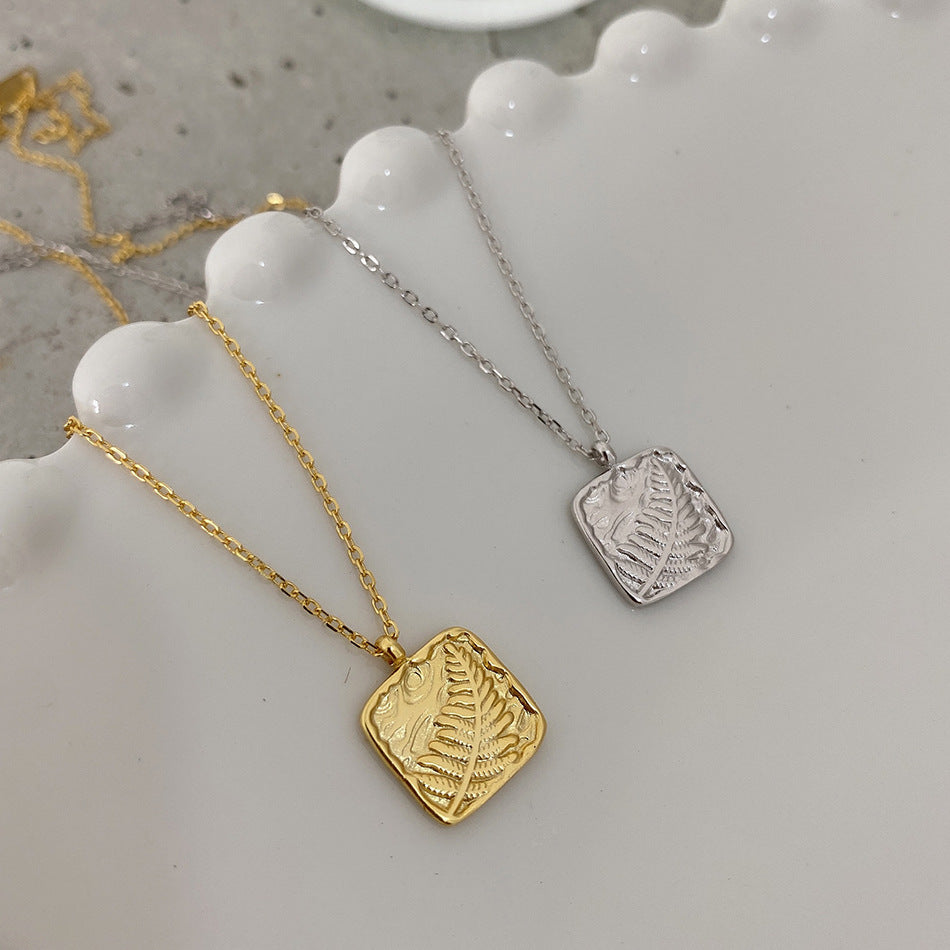 Minimalist Sweet 925 Sterling Silver Rectangle Plant Textured Pendant Necklace for Women