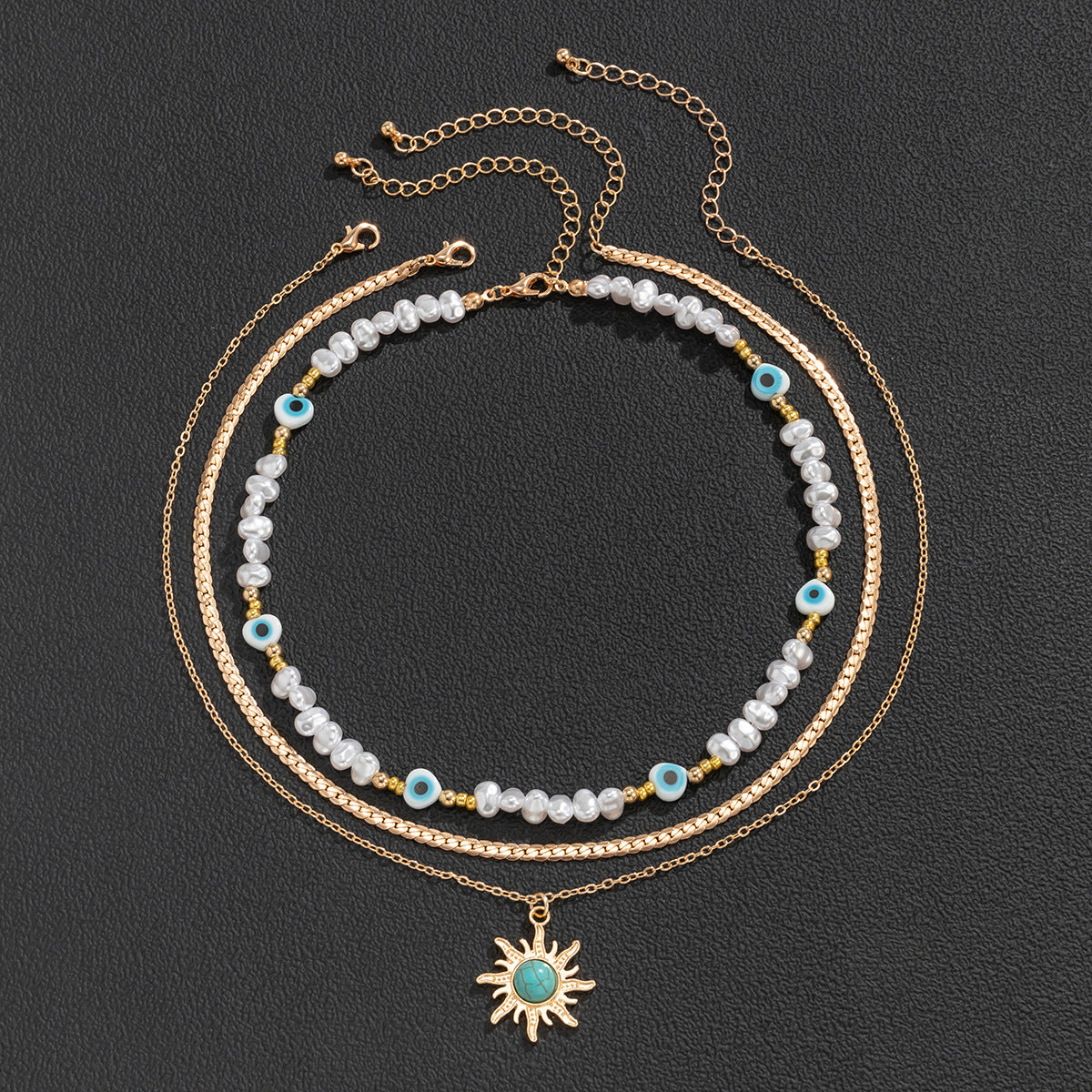 Vintage Bohemian Eye Sun Pendant Resin Alloy Pearl Turquoise Ball Chain Necklace
