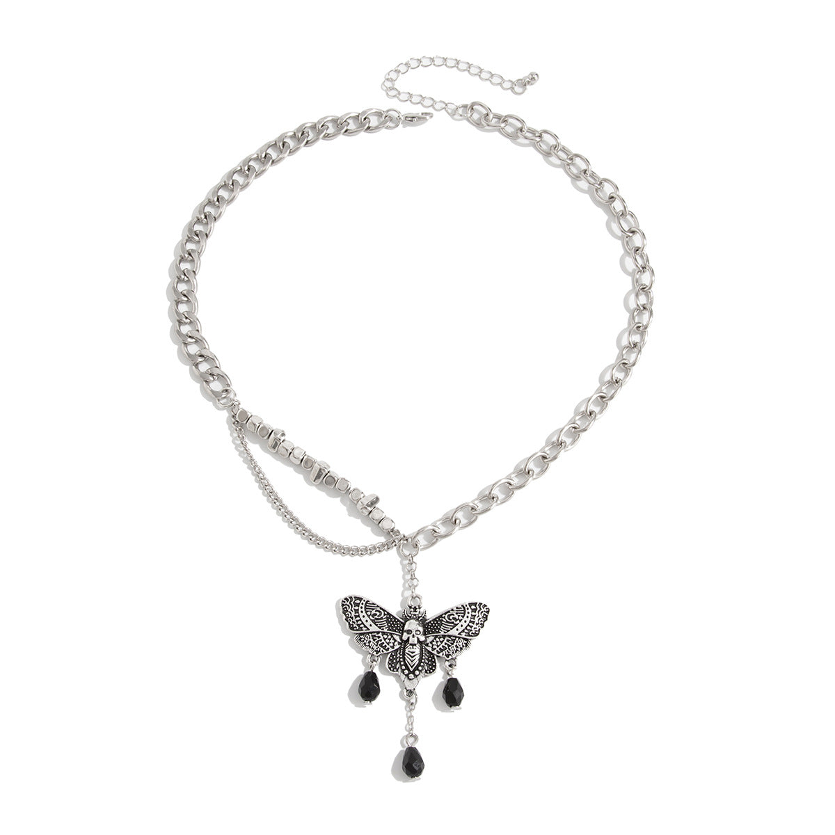 Gothic Minimalist Moth Skull Alloy Pendant Plated Iron Necklace with Tassel and OT Clasp for Women