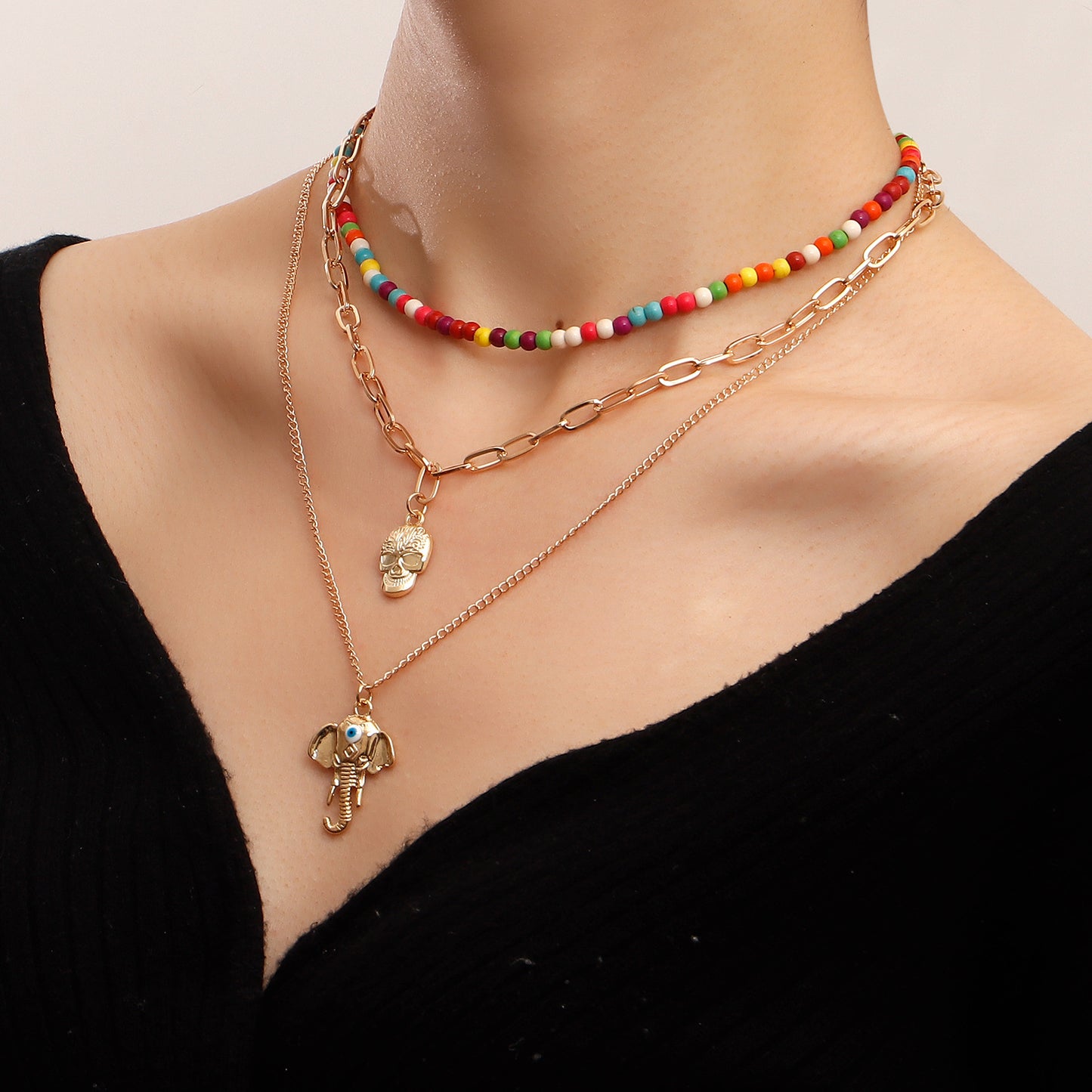 Bohemian Style Elephant Nose Pendant Necklace for Women with Geometric Shape Alloy Chain and Plated Finish