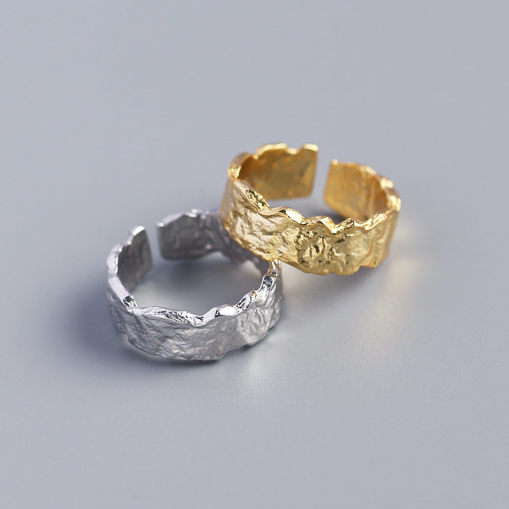 925 Sterling Silver Gold Plated Irregular Foil Texture Ring for Women