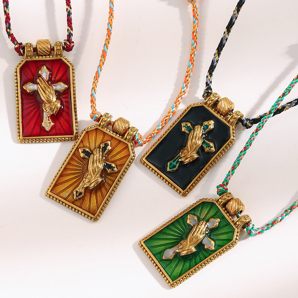 Minimalist Geometric Stainless Steel Cross Pendant Necklace with 18K Gold Plating and Enamel Finish for Women