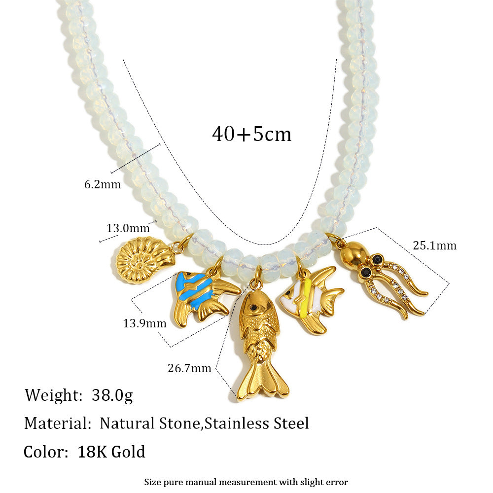 Minimalist Geometric Stainless Steel Plated 18K Gold Opal Ocean Life Pendant Necklace for Women