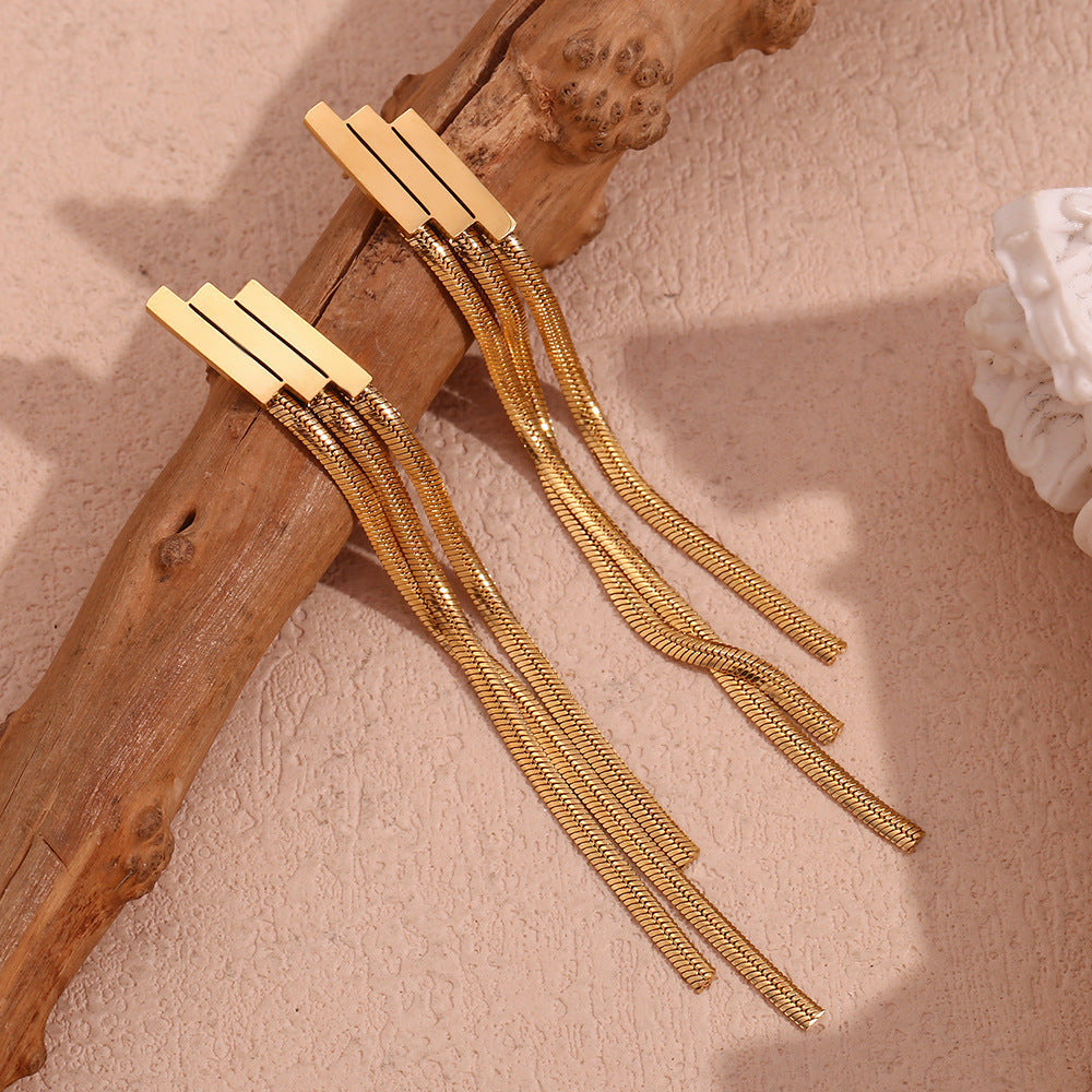 Aretes de acero inoxidable geométricos minimalistas con diseño escalonado chapado en oro de 18 quilates y cadena colgante para mujer