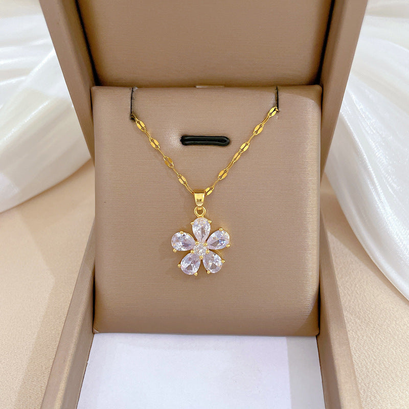 Collar de acero de titanio geométrico minimalista de lujo con incrustaciones de diamantes de imitación para mujer