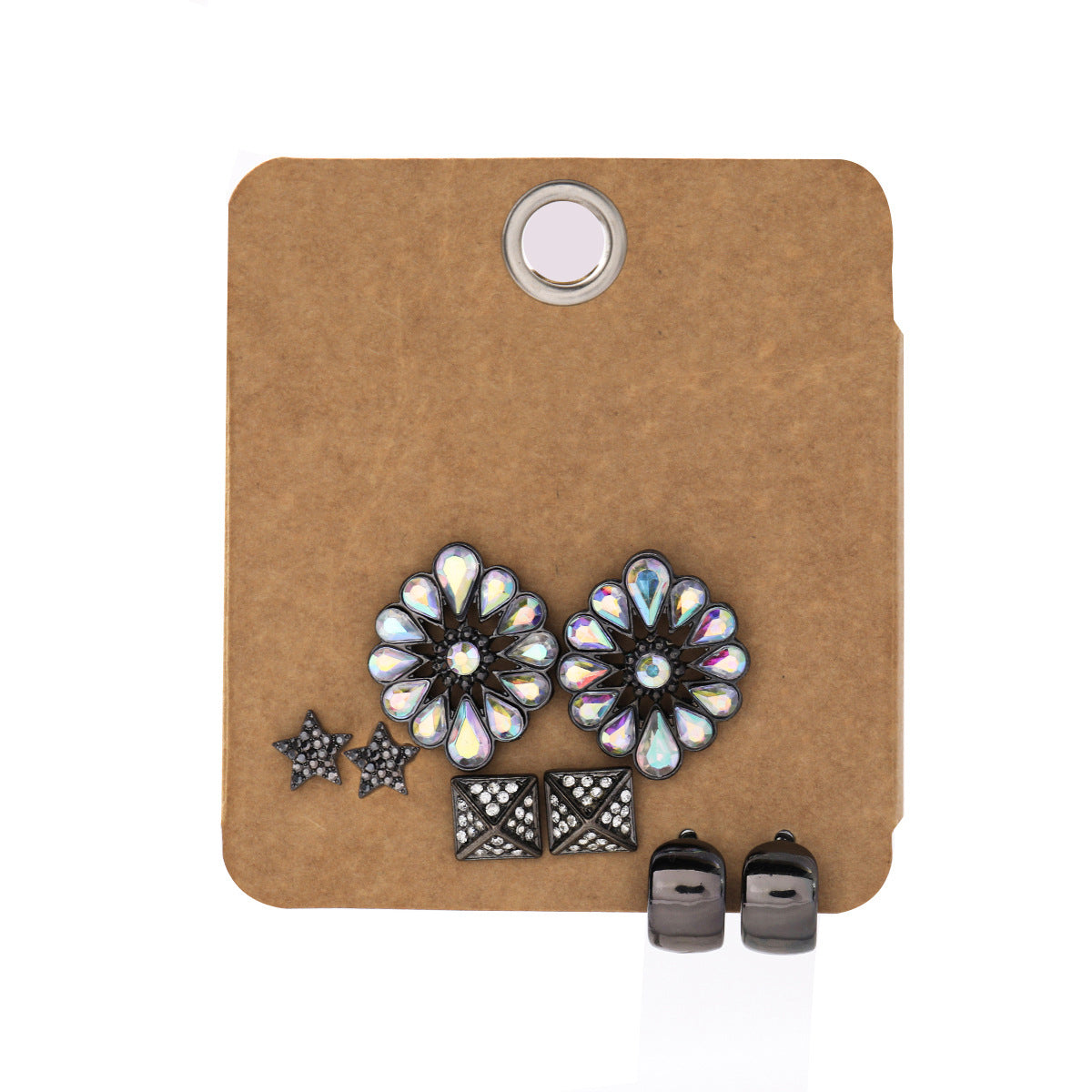 Minimalist Sweet Gun Black Plated Alloy C-Shape Round Geometric Rhinestone Stud Earrings Set with Stainless Steel Posts
