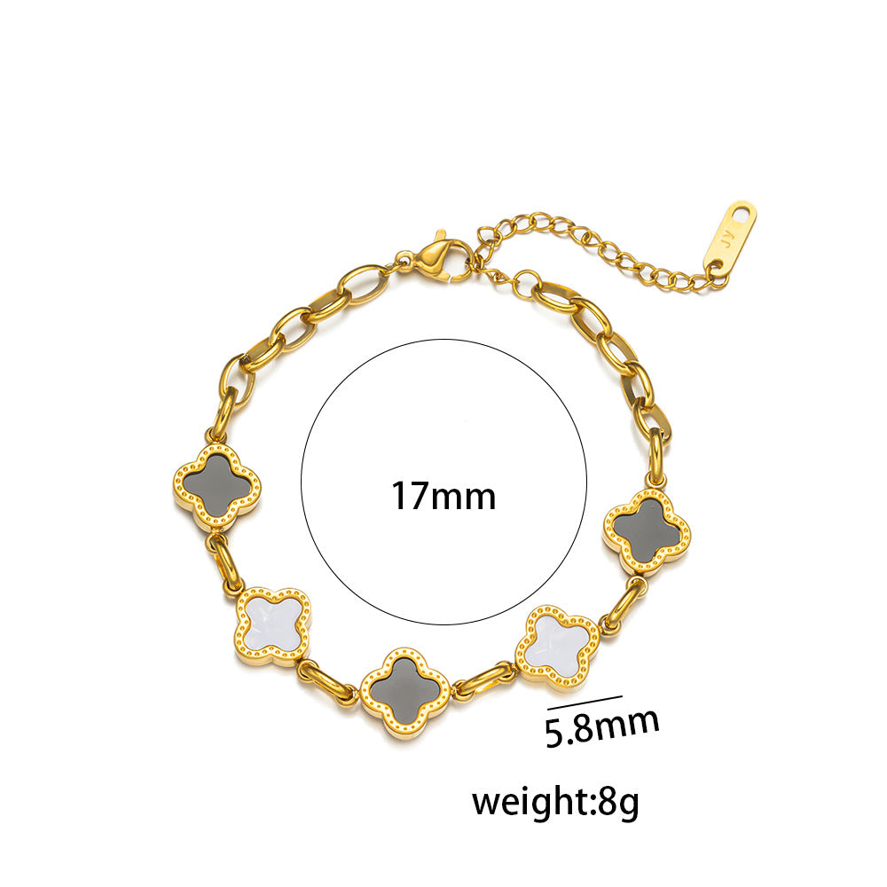 Minimalist Four-Leaf Clover Titanium Steel Bracelet for Women with Electroplated Finish, Geometric Design
