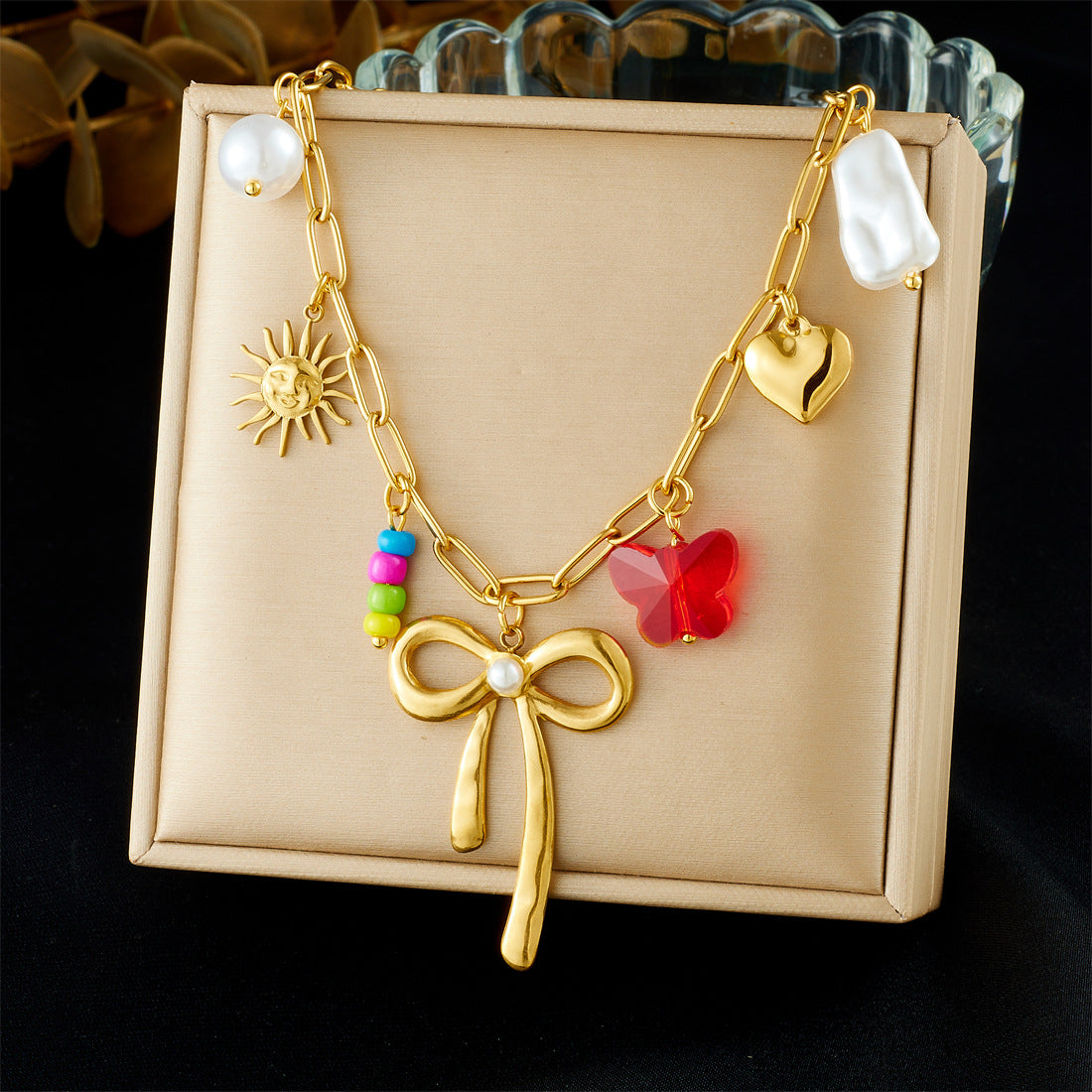 Gold Plated Stainless Steel Butterfly Necklace with Bow Knot for Women