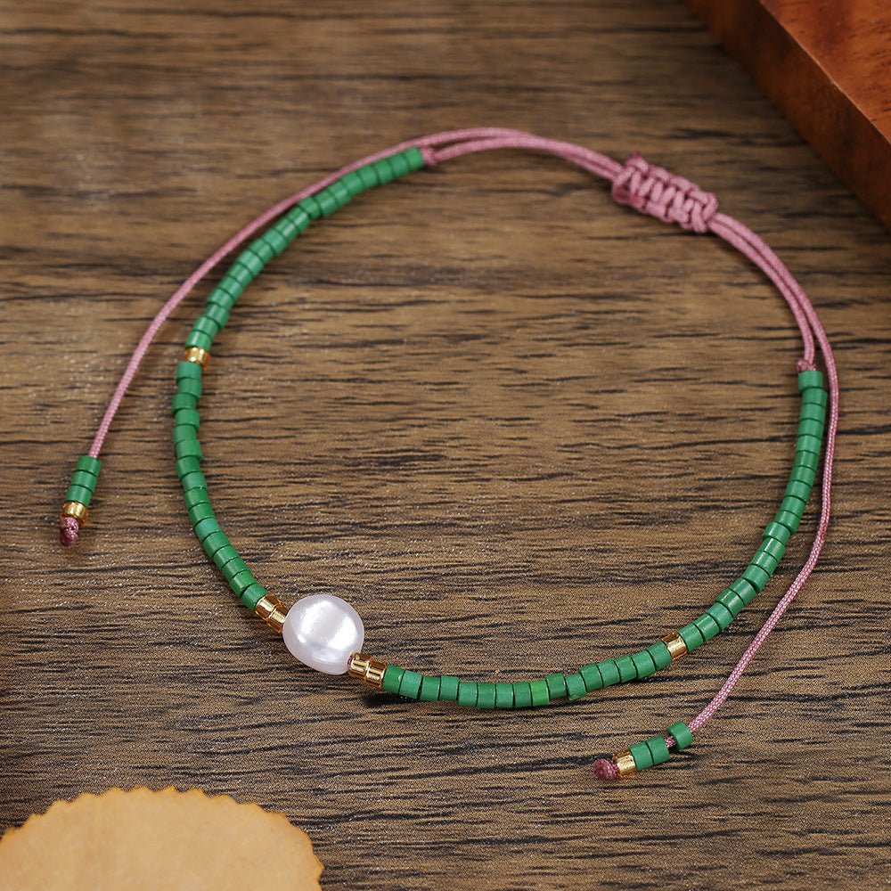 Bohemian Style Adjustable Braided Pearl Beaded Bracelet for Women with Rice Beads and Geometric Design