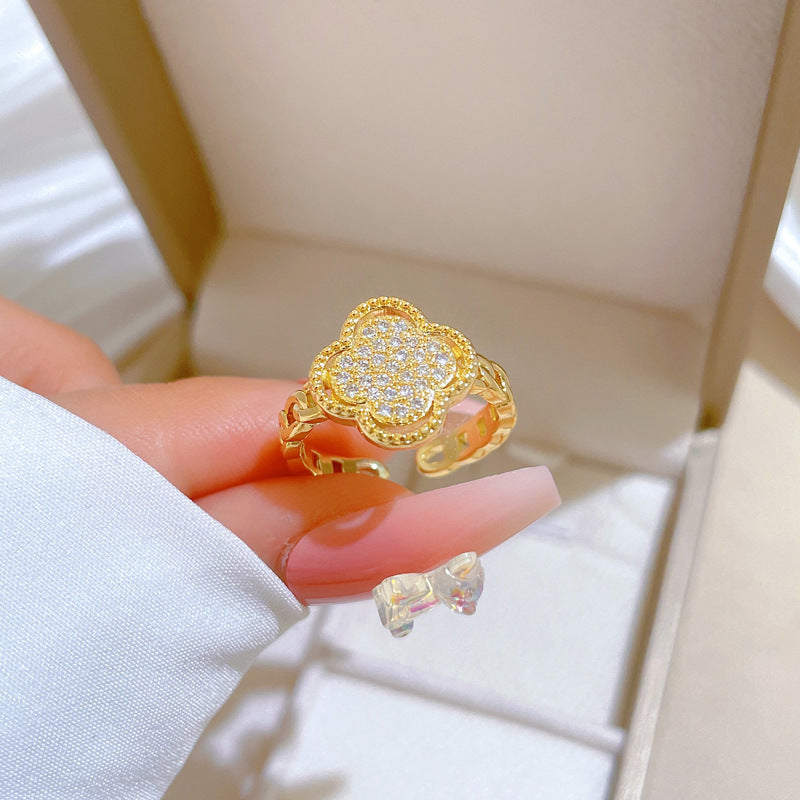 Minimalist Sweet Gold Plated Brass Adjustable Clover Ring for Women and Couples
