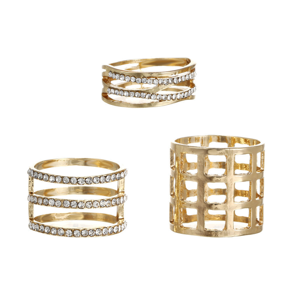 Bohemian Sweet Geometric Round Alloy Plated Rhinestone Crystal Ring Set for Women