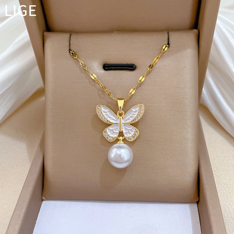 Sweet Drip Oil Butterfly Rhinestone and Pearl Necklace Set with Titanium Steel Cable Chain for Women