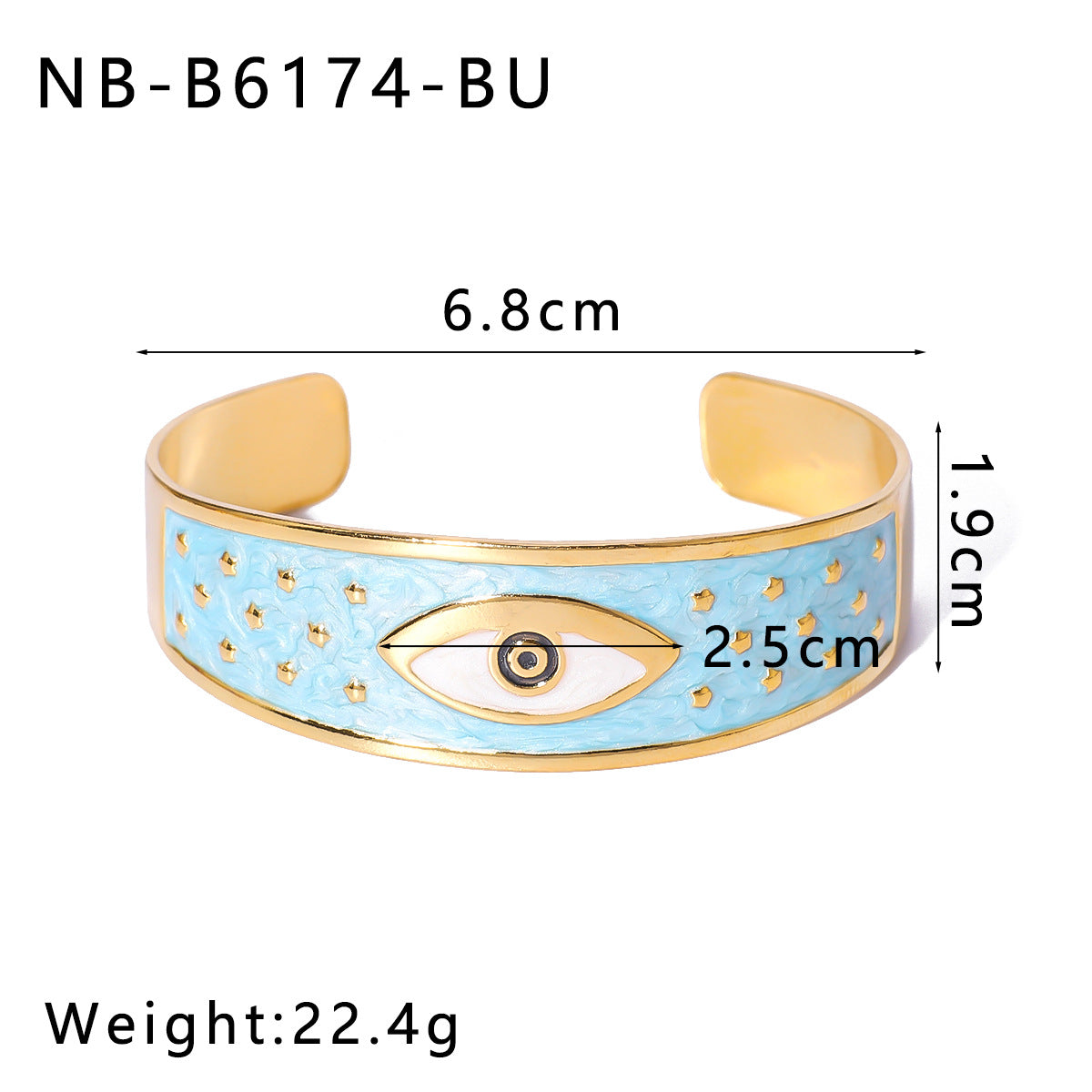 Bracciale rigido regolabile in acciaio inossidabile smaltato con placcatura in oro sottovuoto, motivo floreale geometrico e occhio di Fatima in stile vintage