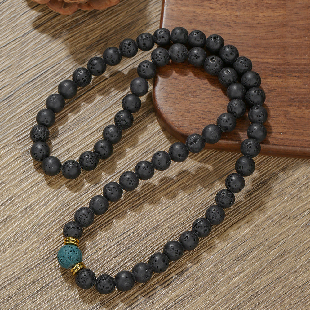 Vintage Casual Geometric Round Stone Beaded Necklace with Alloy Pendant Cable Chain for Women