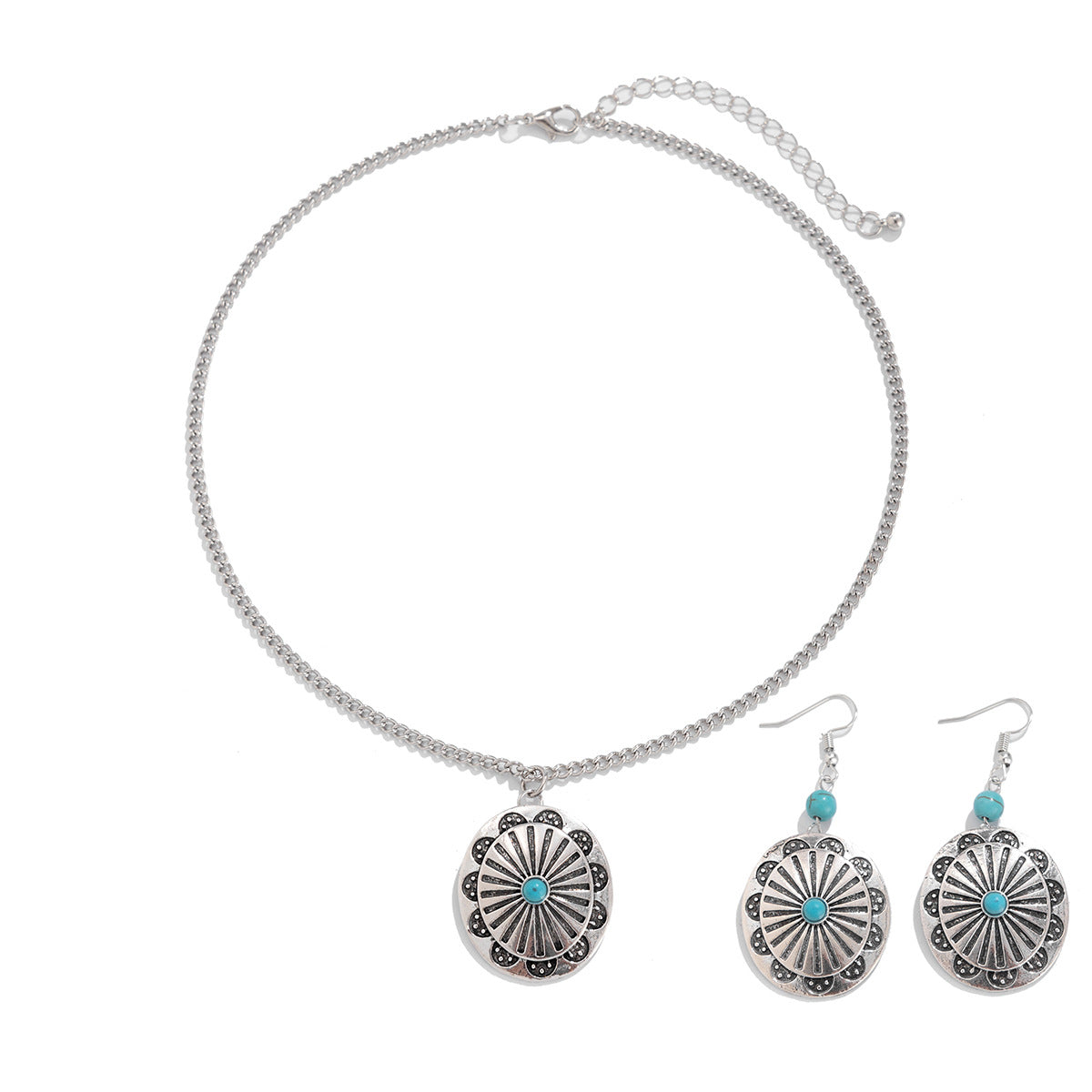 Collana Donna in Stile Etnico con Ciondolo Turchese e Palma, Forma Geometrica, Struttura in Lega, Incassatura Micro-Pavé, Catena a O