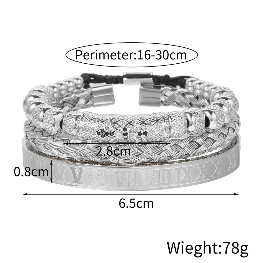 Vintage Geometric Letter Woven Stainless Steel Bracelet with Cubic Zirconia and Drip Oil