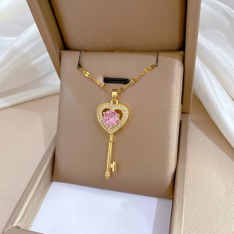 Sweet Minimalist Heart Geometric Rhinestone Brass Pendant Titanium Steel Necklace for Unisex