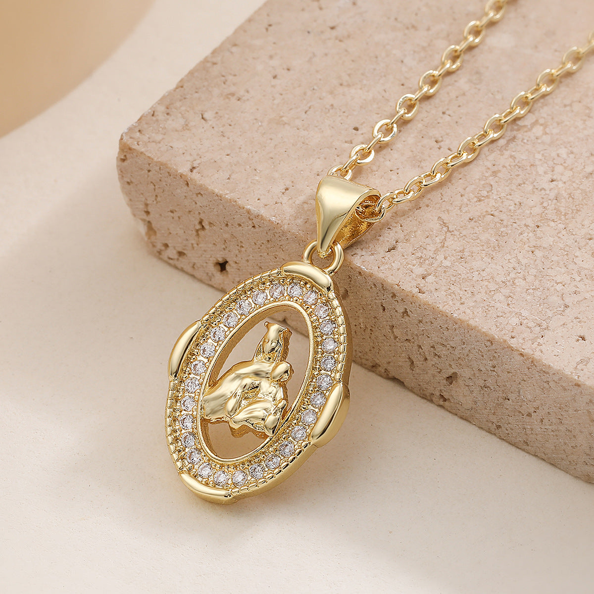Vintage Minimalist Geometric Brass 18K Gold Plated Cubic Zirconia Virgin Mary Pendant Necklace