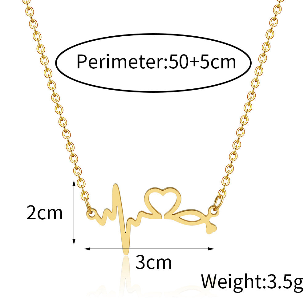 Casual Heart Geometric Titanium Steel Plated EKG Heartbeat Necklace for Unisex
