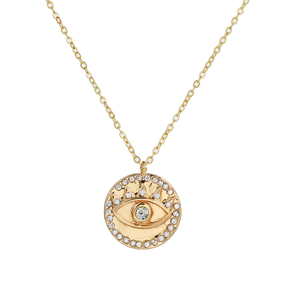 Fashion Evil Eye Pendant Necklace for Women with Gold Plating and Rhinestone Inlay on O-Chain in Geometric Shape