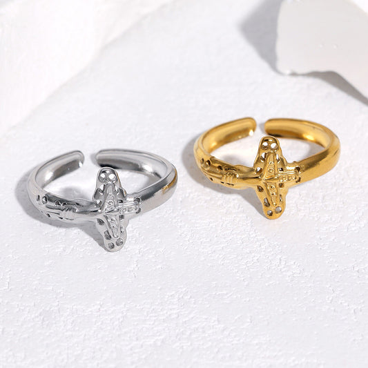 Vintage Minimalist Cross 18K Gold Plated Stainless Steel Open Ring for Women