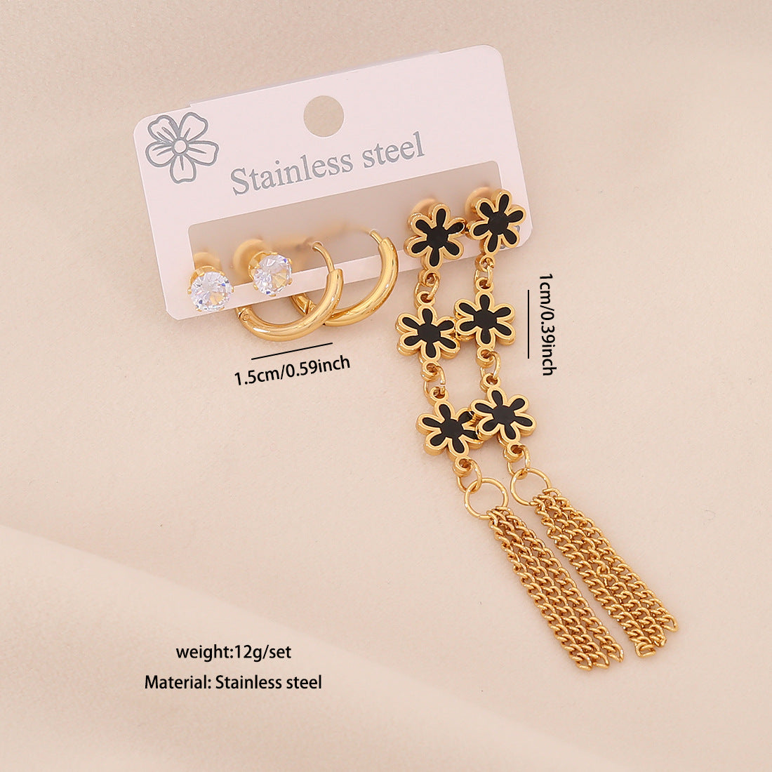 Fashionable OL Style Heart-Shaped Titanium Steel Earrings Set with Electroplated Finish and Floral Six-Petal Flower Design for Women